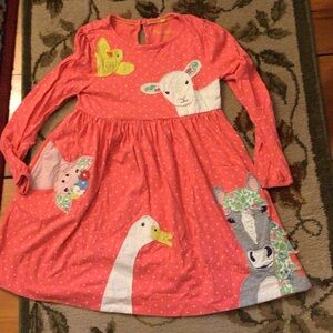 Mini Boden Coral Long-Sleeve Dress with Animal Appliqués